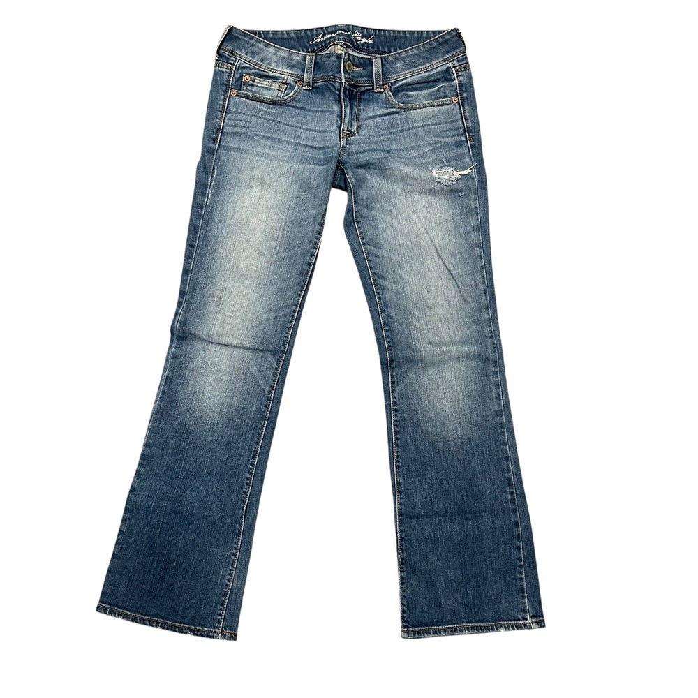 American Eagle Slim Boot Blue Jeans Women 8 Regular Low Rise Distressed Stretch